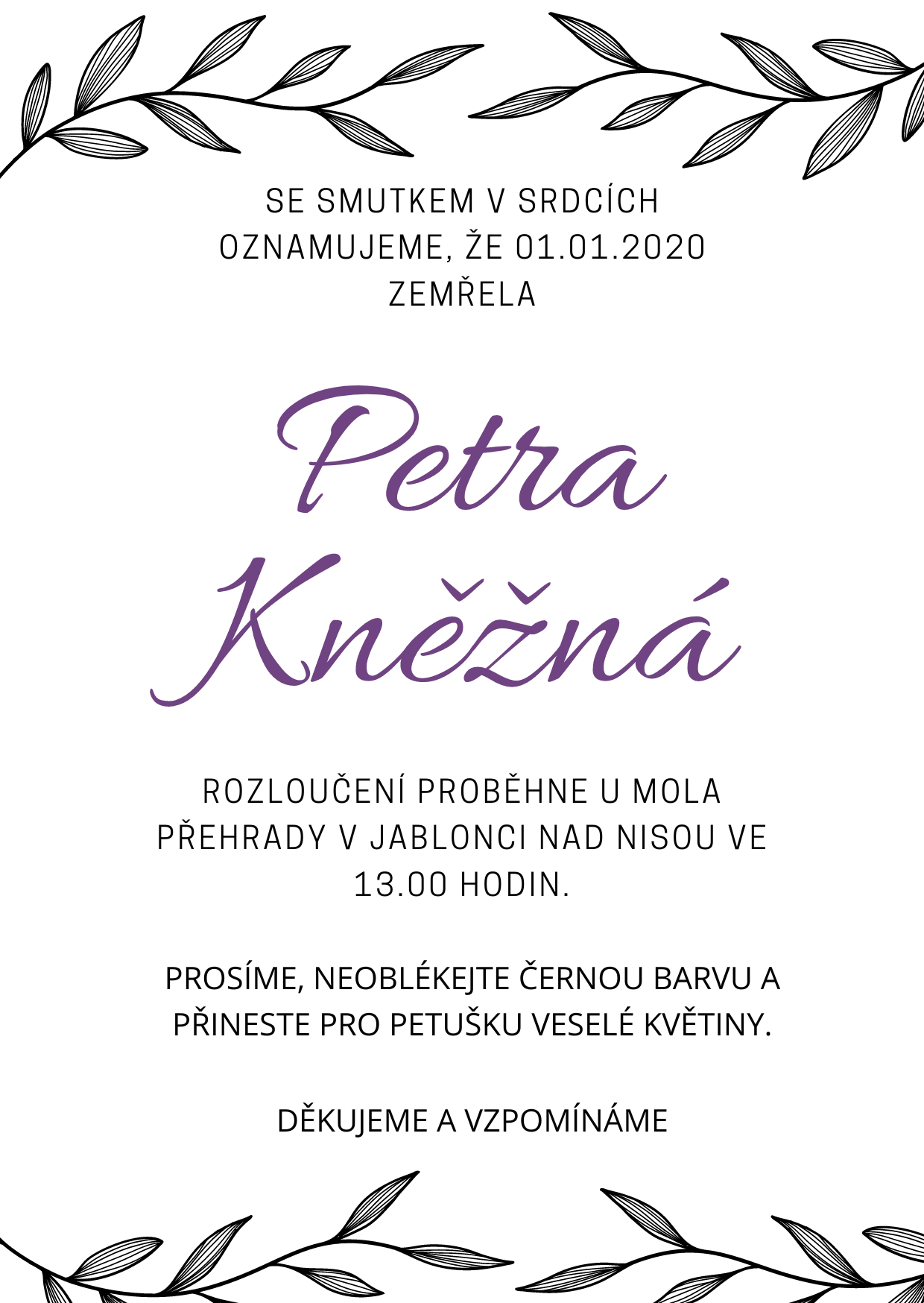 Parte číslo 13: Smuteční oznámení od Pohřebních průvodců (šablona parte, vzor)