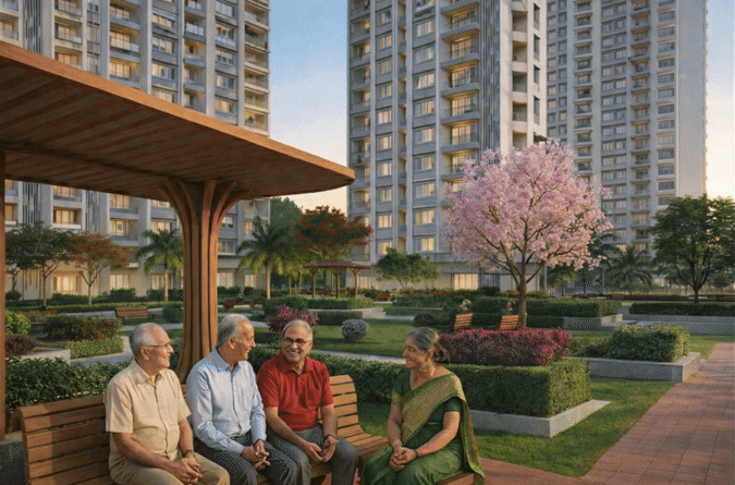 Senior citizen seating and relaxation area at Yogakshema Residency