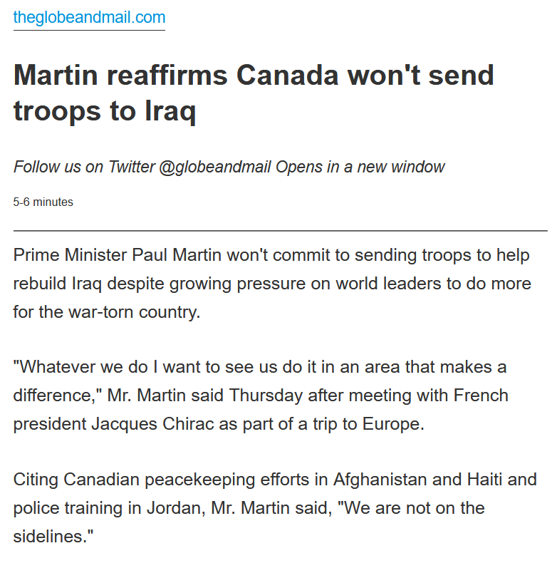Martin reaffirms Canada won't send troops to Iraq