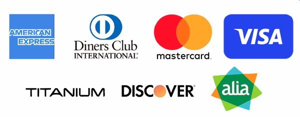 Tarjetas aceptadas: American Express, Diners Club, Mastercard, Visa, Titanium, Discover y Alia