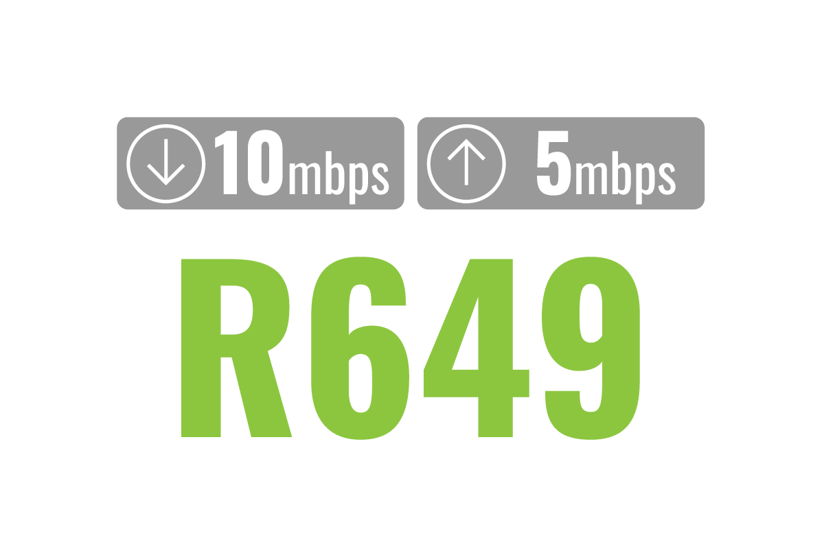 10mbps up and 5mbps down R649 b-free fibre package month to month, free to use router, uncapped & unshapped