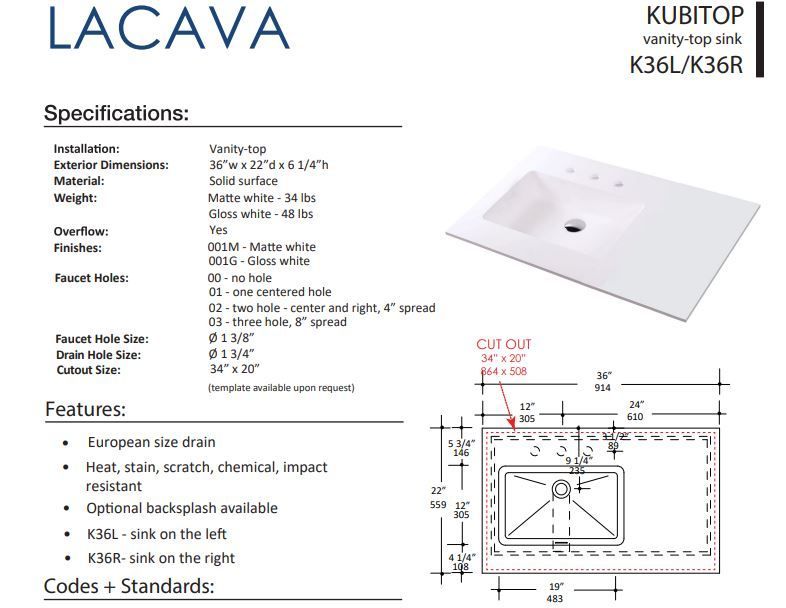 LACAVA KUBITOP K36L/K36R FLOATMODERN INTEGRATED SINK FOR FLOATING AND WALL MOUNT VANITIES.