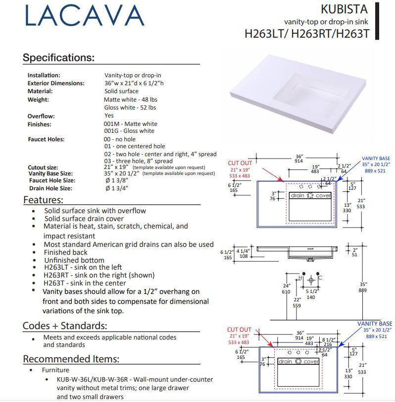 LACAVA KUBISTA H263LT/H263RT/H263T FLOATMODERN INTEGRATED SINK FOR FLOATING AND WALL MOUNT VANITIES.