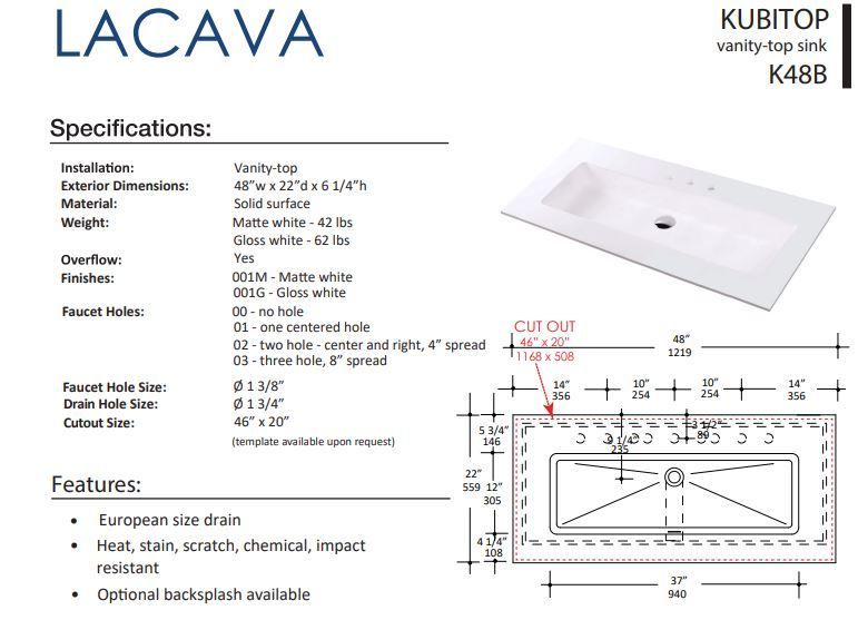 LACAVA KUBITOP K48B FLOATMODERN INTEGRATED SINK FOR FLOATING AND WALL MOUNT VANITIES.