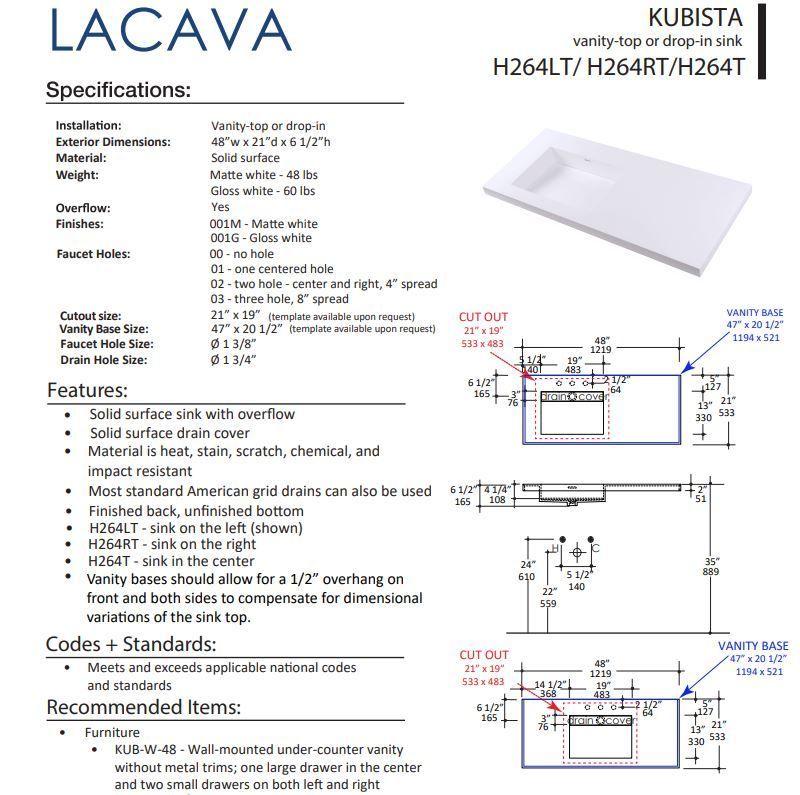 LACAVA KUBISTA H264LT/H264RT/H264T FLOATMODERN INTEGRATED SINK FOR FLOATING AND WALL MOUNT VANITIES.