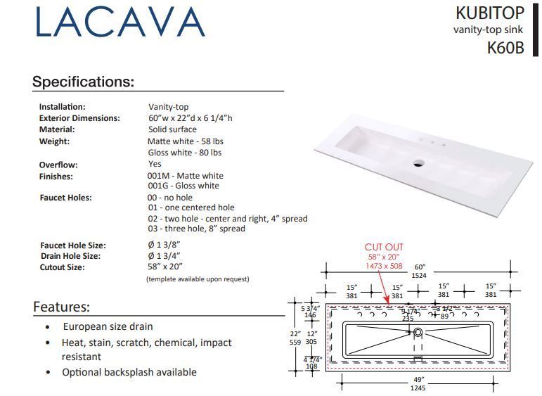 LACAVA KUBITOP K60B FLOATMODERN INTEGRATED SINK FOR FLOATING AND WALL MOUNT VANITIES.