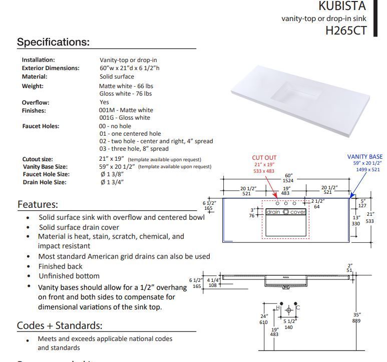 LACAVA KUBISTA H265CT FLOATMODERN INTEGRATED SINK FOR FLOATING AND WALL MOUNT VANITIES.
