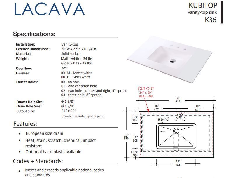 LACAVA KUBITOP K36 FLOATMODERN INTEGRATED SINK FOR FLOATING AND WALL MOUNT VANITIES.