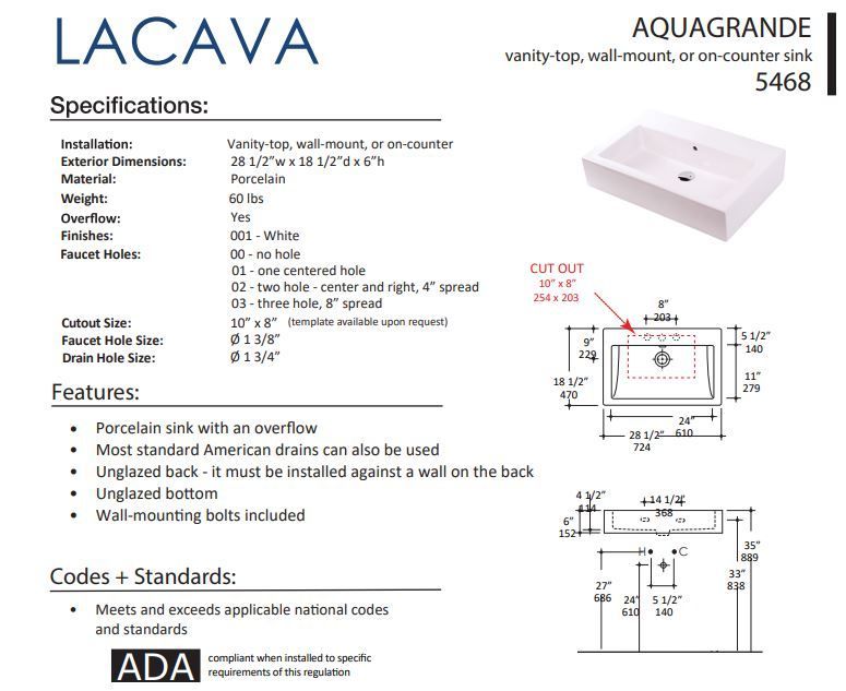 LACAVA AQUAGRANDE 5468 FLOATMODERN INTEGRATED SINK FOR FLOATING AND WALL MOUNT VANITIES.
