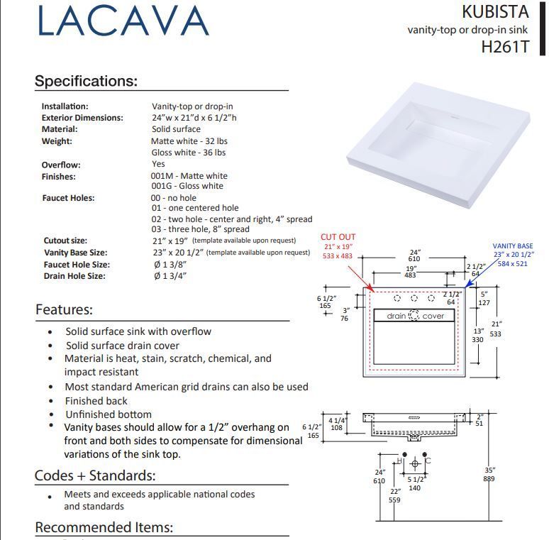 LACAVA KUBISTAH261T FLOATMODERN INTEGRATED SINK FOR FLOATING AND WALL MOUNT VANITIES.