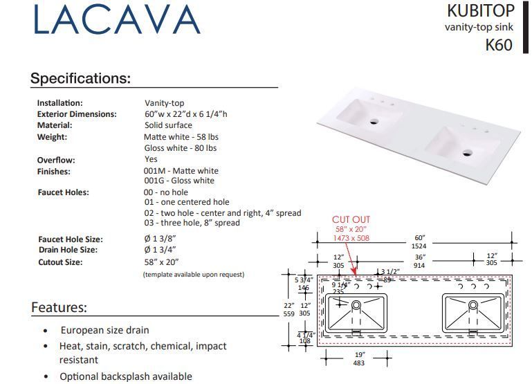 LACAVA KUBITOP K60 FLOATMODERN INTEGRATED SINK FOR FLOATING AND WALL MOUNT VANITIES.