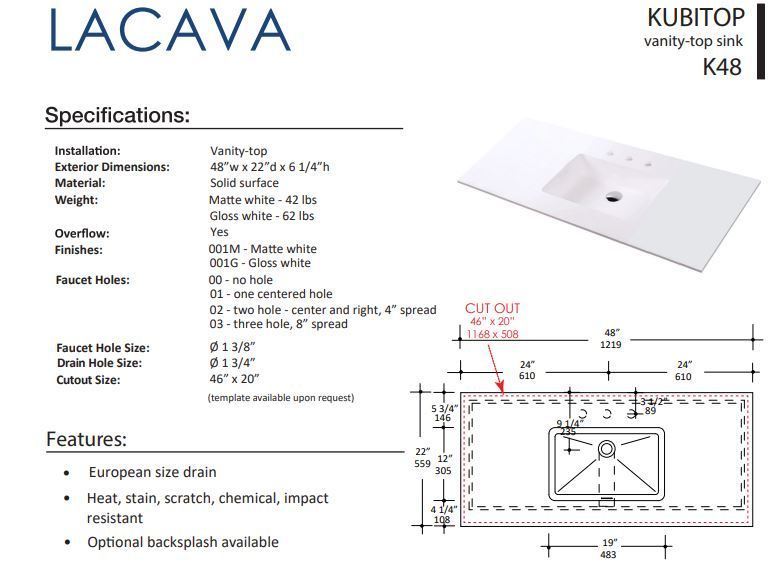 LACAVA KUBITOP K48 FLOATMODERN INTEGRATED SINK FOR FLOATING AND WALL MOUNT VANITIES.