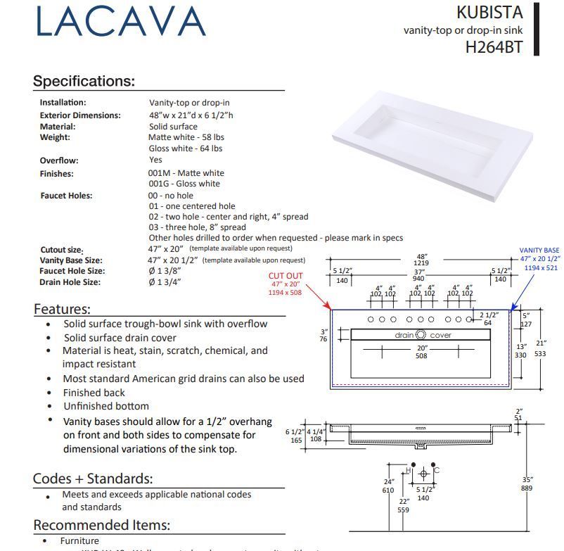 LACAVA KUBISTA H264BT FLOATMODERN INTEGRATED SINK FOR FLOATING AND WALL MOUNT VANITIES.