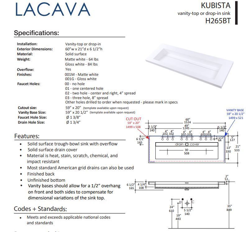 LACAVA KUBISTA H265BT FLOATMODERN INTEGRATED SINK FOR FLOATING AND WALL MOUNT VANITIES.