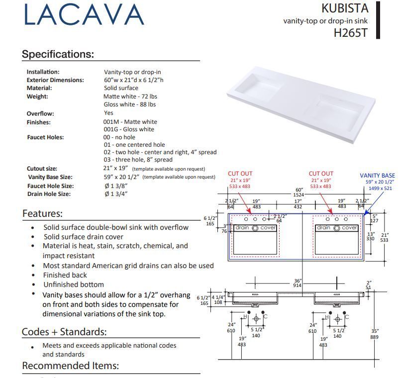 LACAVA KUBISTA H265T FLOATMODERN INTEGRATED SINK FOR FLOATING AND WALL MOUNT VANITIES.