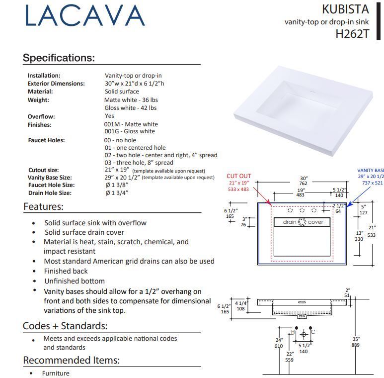 LACAVA KUBISTA H262T FLOATMODERN INTEGRATED SINK FOR FLOATING AND WALL MOUNT VANITIES.