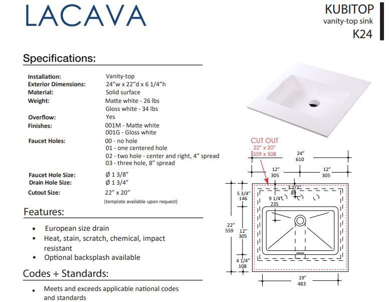 LACAVA KUBITOP K24 FLOATMODERN INTEGRATED SINK FOR FLOATING AND WALL MOUNT VANITIES.