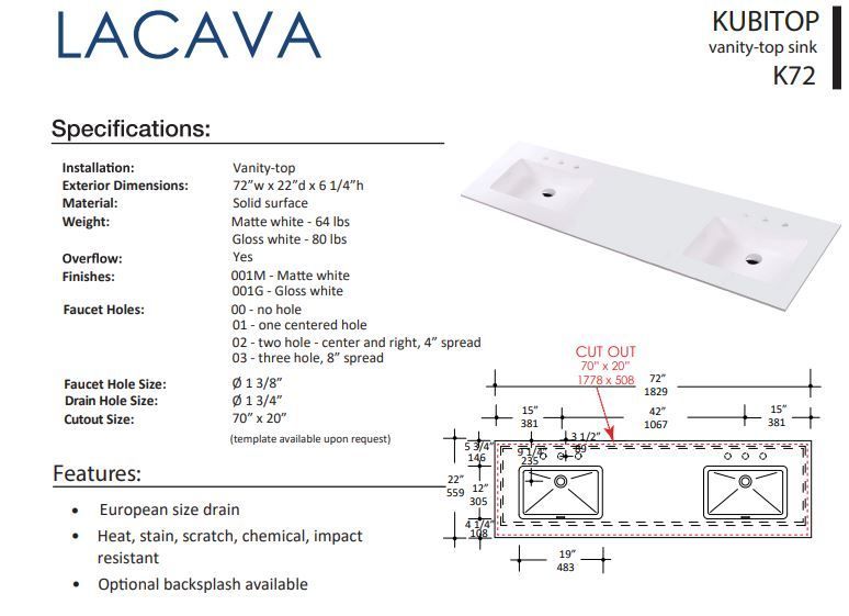 LACAVA KUBITOP K72 FLOATMODERN INTEGRATED SINK FOR FLOATING AND WALL MOUNT VANITIES.