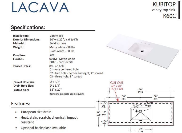 LACAVA KUBITOP K60C FLOATMODERN INTEGRATED SINK FOR FLOATING AND WALL MOUNT VANITIES.