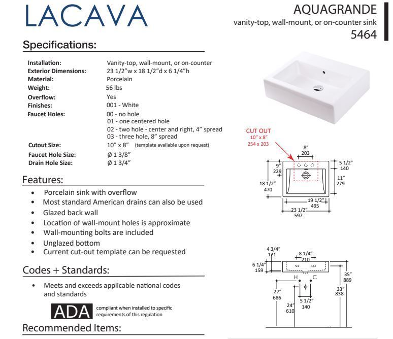 LACAVA AQUAGRANDE 5464 FLOATMODERN INTEGRATED SINK FOR FLOATING AND WALL MOUNT VANITIES.