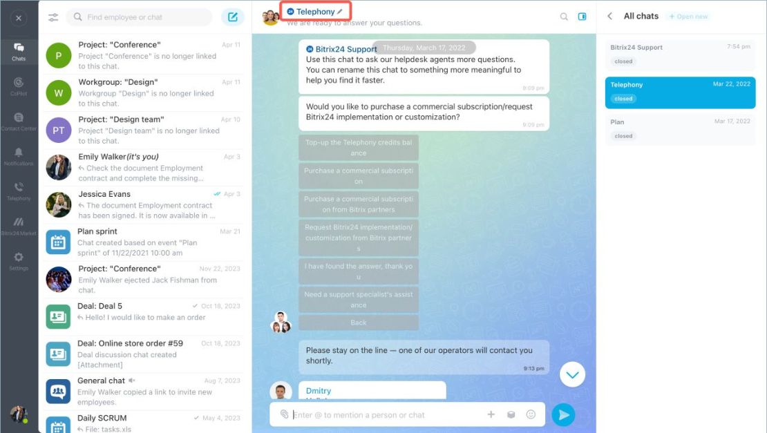 Bitrix24 дэмжлэгтэйгээр харилцан ярианууд үүсгэх