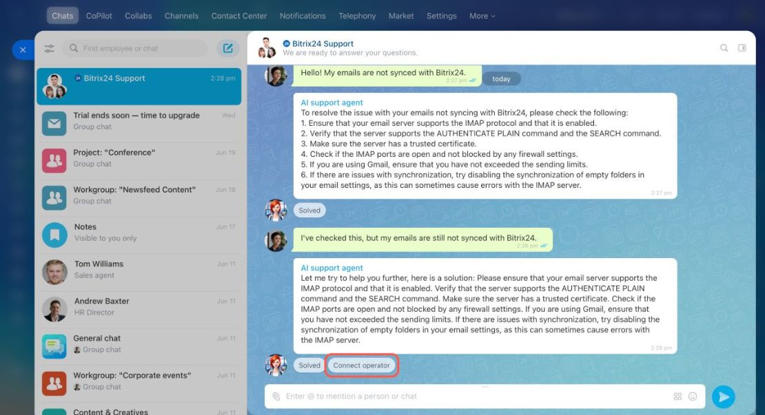 Bitrix24 support чат дахь AI дэмжлэгийн агент