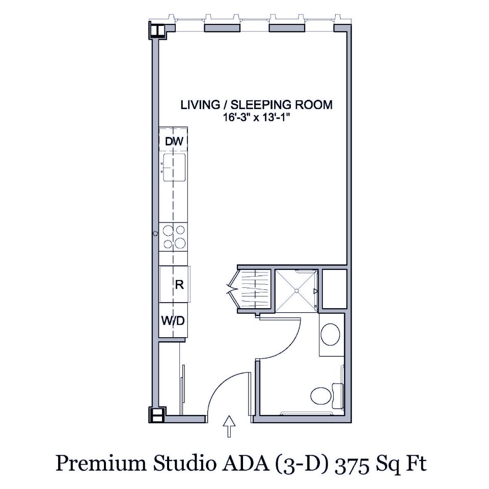 Floorplan of 375 square foot ADA friendly studio apartment in Spokane, Washington.