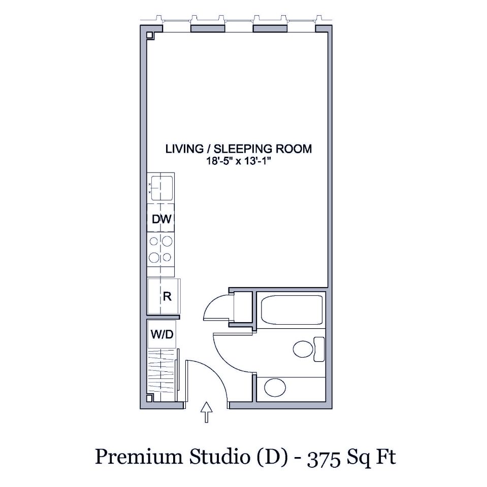 Floorplan of 375 square foot studio apartment in Spokane, Washington.