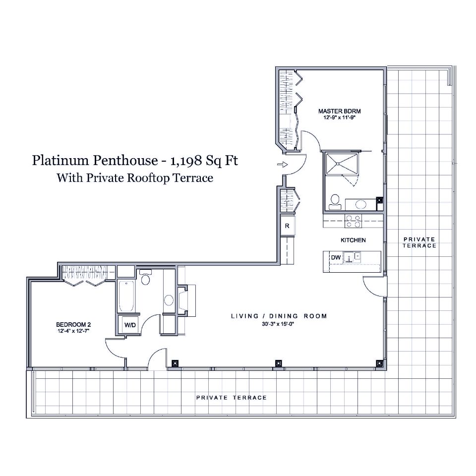 Floorplan of 1,198 square foot 2 bedroom corner penthouse apartment with private rooftop terrace.