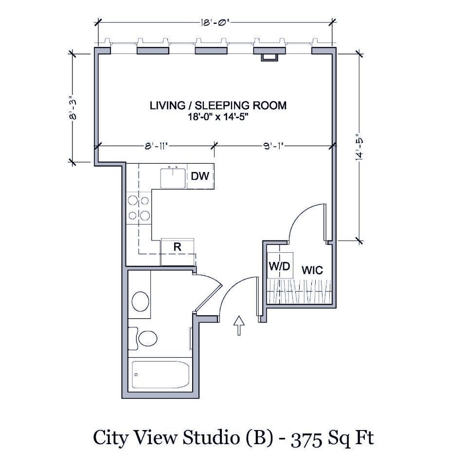 Floorplan of 375 square foot city view studio apartment in Spokane, Washington.