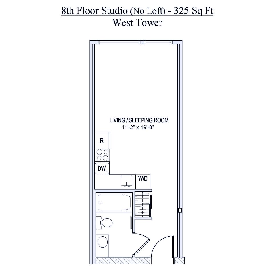 Floorplan of 325 square foot studio  apartment in Spokane, Washington.