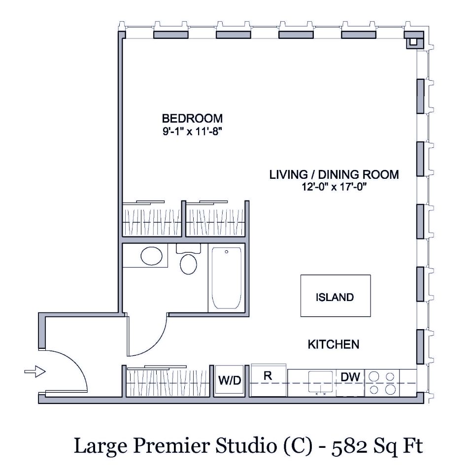 Floorplan of 582 square foot studio apartment with washer dryer, open layout and kitchen island in Spokane, Washington.