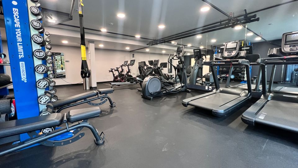 Large workout room with free weights, elliptical machines, stationary bike, and treadmill.