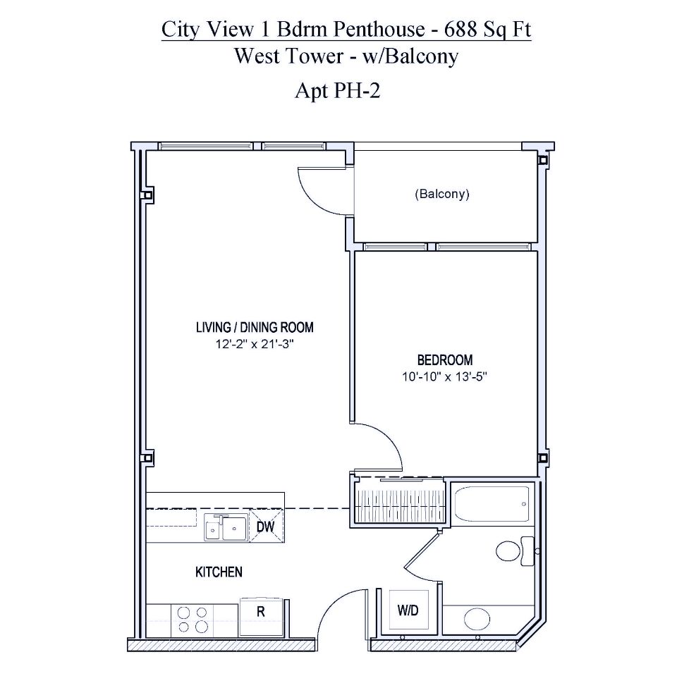 Floorplan of 688 square foot 1 bedroom penthouse apartment with balcony in Spokane, Washington.
