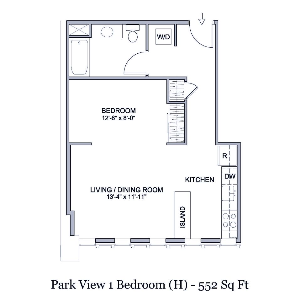 Floorplan of 552 square foot 1 bedroom apartment with kitchend island and view of park in Spokane, Washington.