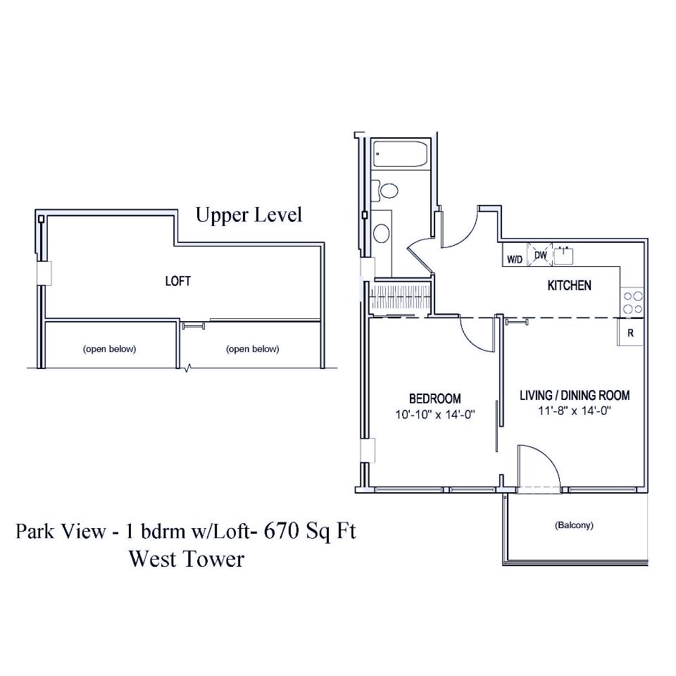 Floorplan of 670 square foot 1 bedroom apartment with loft in Spokane, Washington.