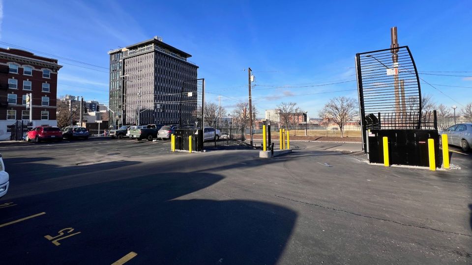 Close-up view of a parking space mark with the number 27.