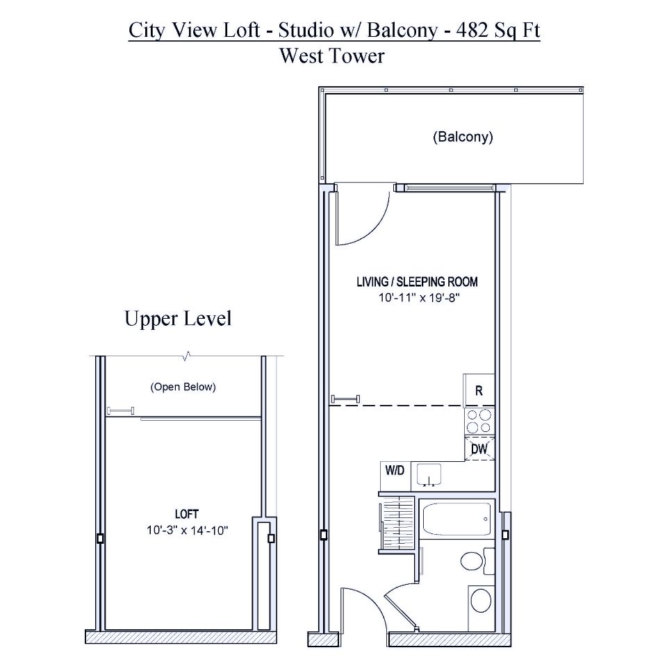 Floorplan of 482 square foot 1 bedroom studio apartment with balcony and city views in Spokane, Washington.