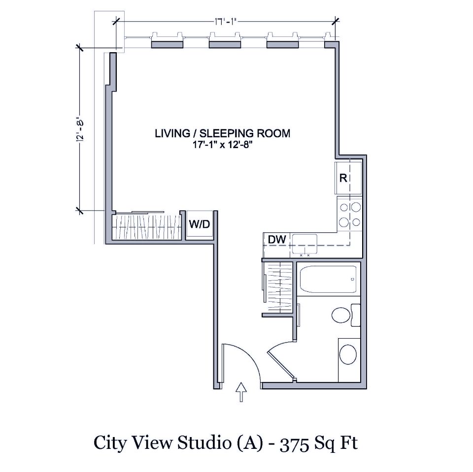 Floorplan of 375 square foot studio apartment apartment in Spokane, Washington.