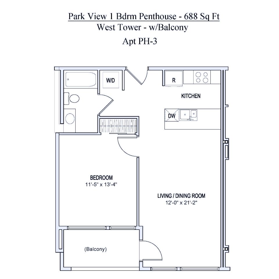 Floorplan of 688 square foot 1 bedroom penthouse apartment with balcony in Spokane, Washington.