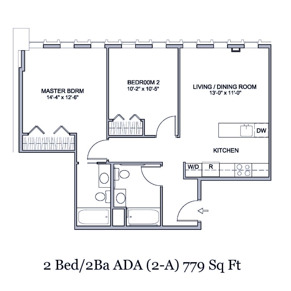 Floorplan of 2 bedroom 2 bath 779 square foot ADA friendly apartment in Spokane Washington.