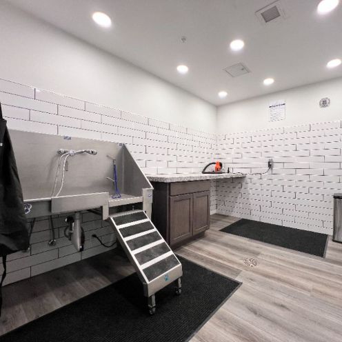 View of 508 West's coffee shop in lobby with black and white art deco accents. long modern white counter, barstools, and wood paneled wall.