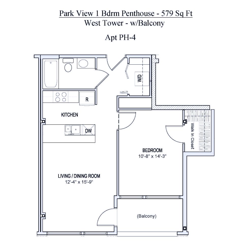 Floorplan of 579 square foot 1 bedroom penthouse apartment with balcony in Spokane, Washington.