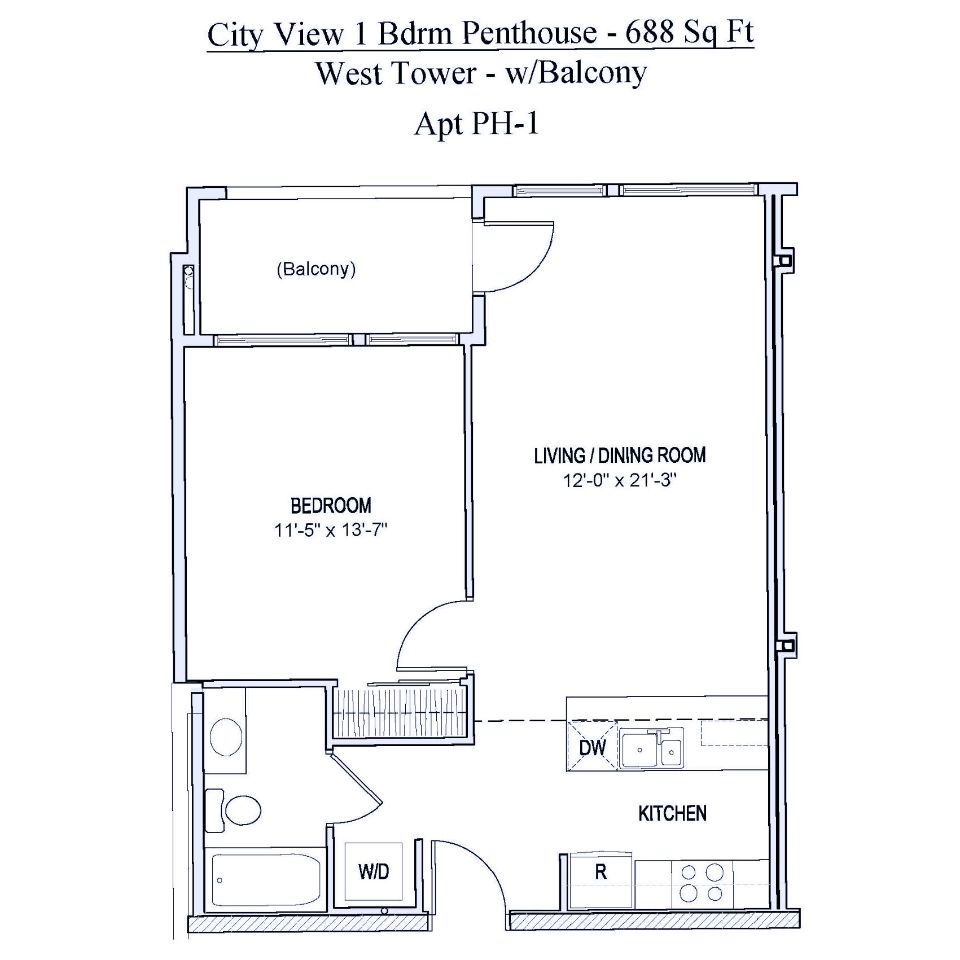 Floorplan of 688 square foot 1 bedroom penthouse apartment with balcony in Spokane, Washington.