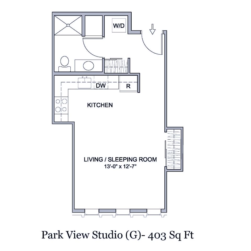 Floorplan of 403 square foot studio apartment with view of park in Spokane, Washington.