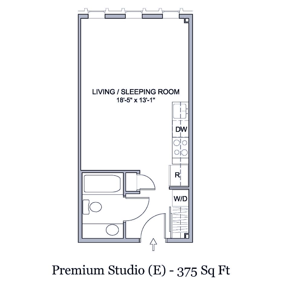 Floorplan of 375 square foot studio apartment in Spokane, Washington.