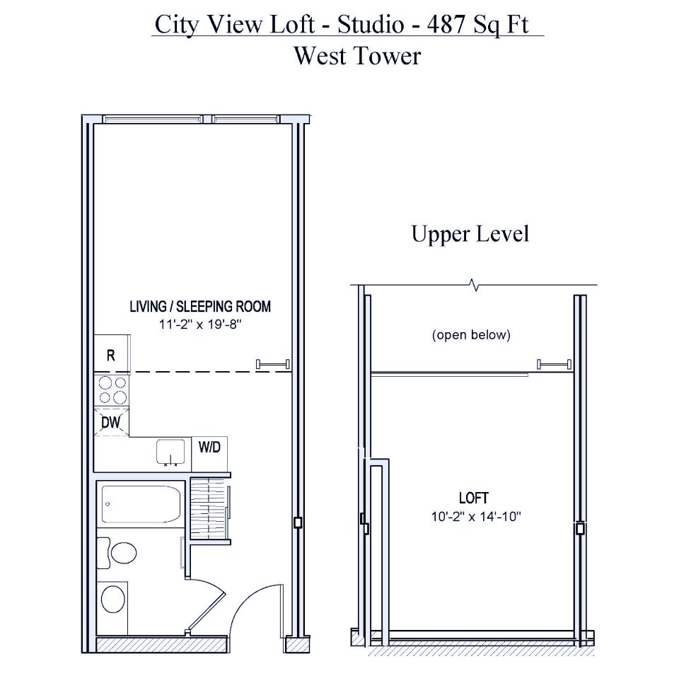 Floorplan of 487 square foot studio apartment with loft in Spokane, Washington.