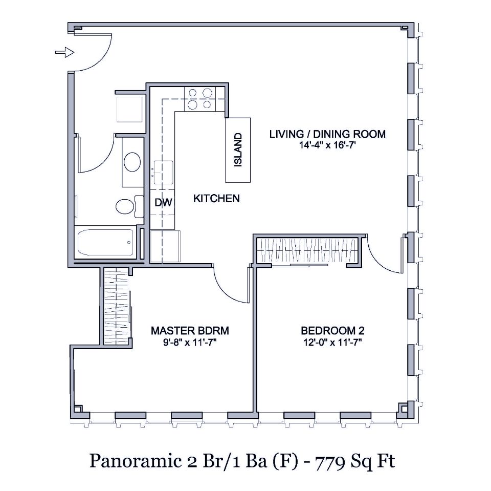 Floorplan of 779 square foot 2 bedroom 1 bath corner apartment with panoramic views in Spokane, Washington.