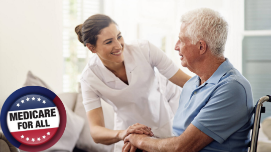 ensurity group, insurance agency, texas, united states, woman nurse being nice with a smile with a senior man medicare for all