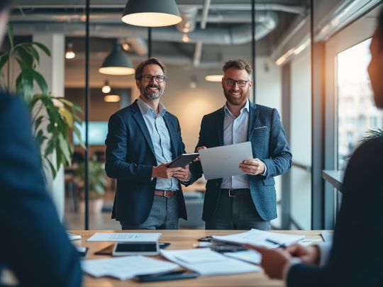 Deux consultants en strategie marketing B2B collaborant dans un environnement de bureau moderne, ideaux pour aider les PME a developper des solutions efficaces et augmenter leurs ventes. 
